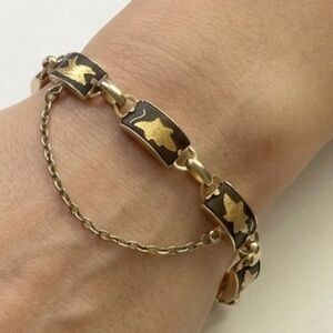 Vintage Damascene Black Gold Paneled Link Chain Bracelet - 7.5”, XL/XXL